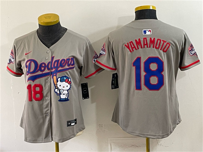 Youth Los Angeles Dodgers #18 Yoshinobu Yamamoto Grey Hello Kitty Night 2025 World Series Champions Patch Stitched Baseball Jersey